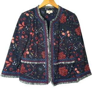 GUC LOFT Dark Navy Floral Strawberry Fringed Hem Open Cropped Boho Jack…